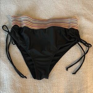 Black High-Waisted Bikini Bottom with Colorful Pastel Trim L